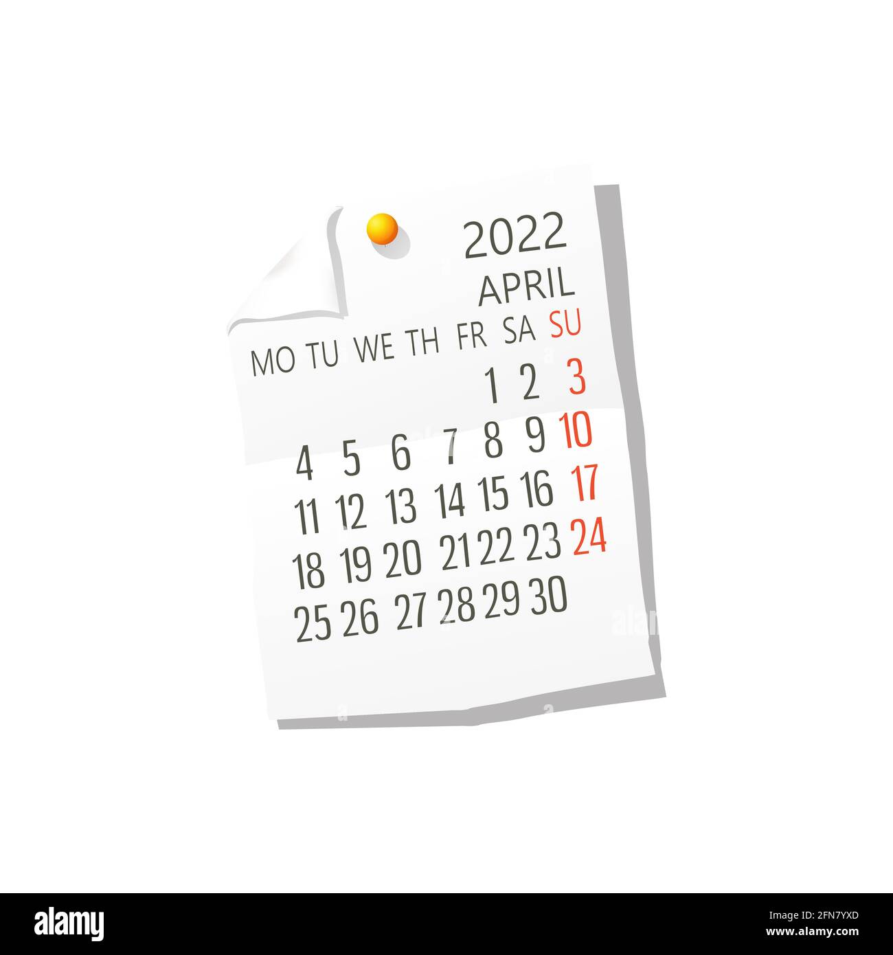 2022 Calendar On White Paper, April. Editable Vector Over White Background Stock Vector Image & Art - Alamy
