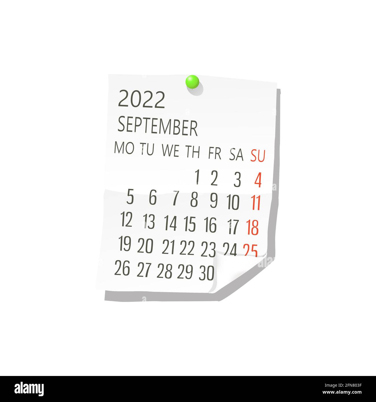 2022 Calendar On White Paper, September. Editable Vector Over White Background Stock Vector Image & Art - Alamy