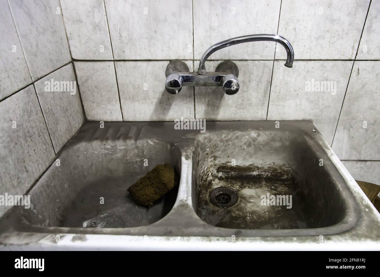 Dirty and unsanitary bathroom in bar, bacteria and germs infection