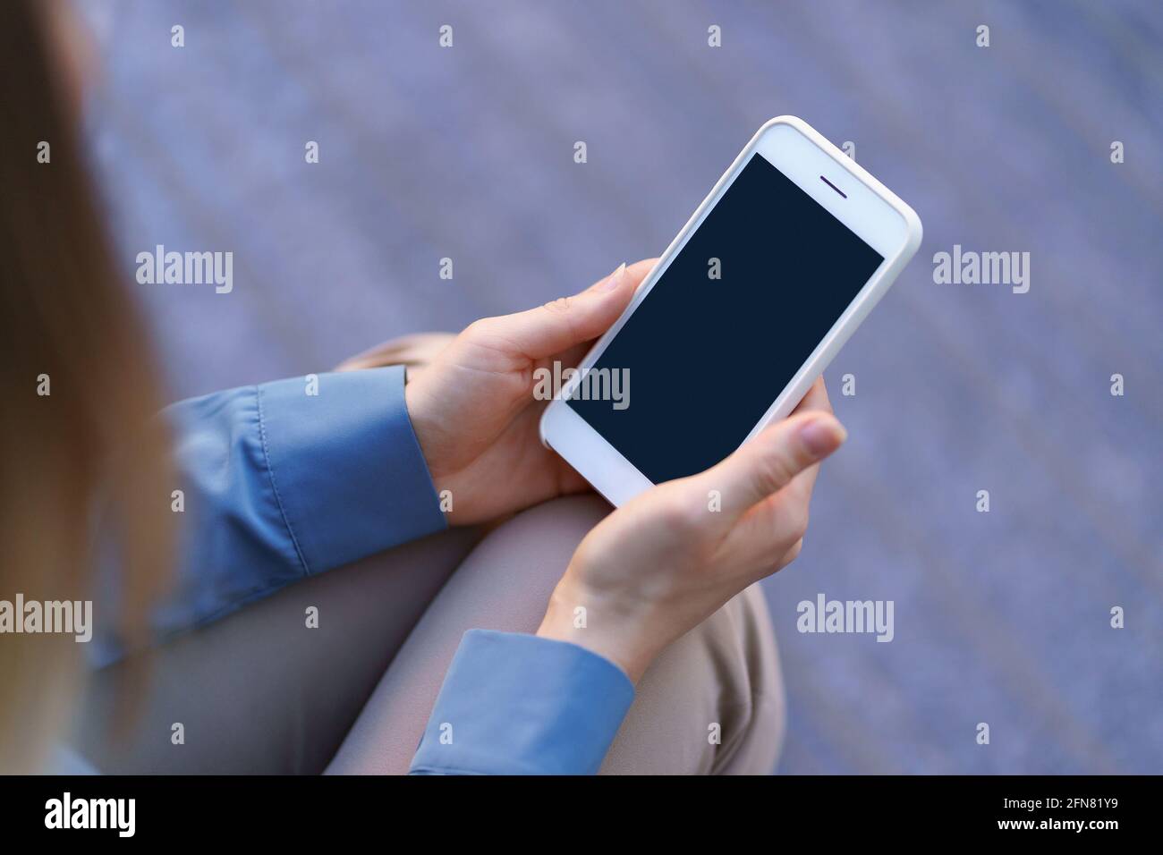 Close up woman hands holding smartphone with black screen Stock Photo ...