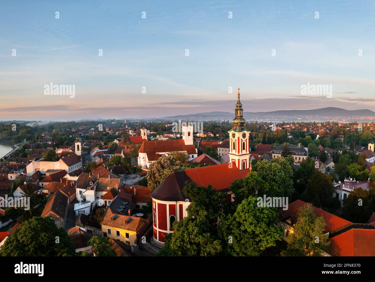 Belgrade serbian orthodox church in Szentendre Hungary. Amazing aerial view about the chatedral. This palce is a part of a beautiful old downtown near Stock Photo