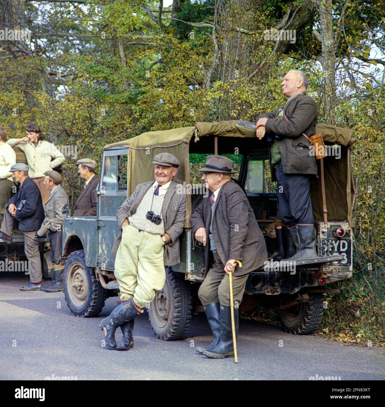 Hunt followers awaiting the Devon & Somerset Stag Hounds DSSH hunting red deer in the Dulverton area of Exmoor in October 1970, Devon, England UK Stock Photo