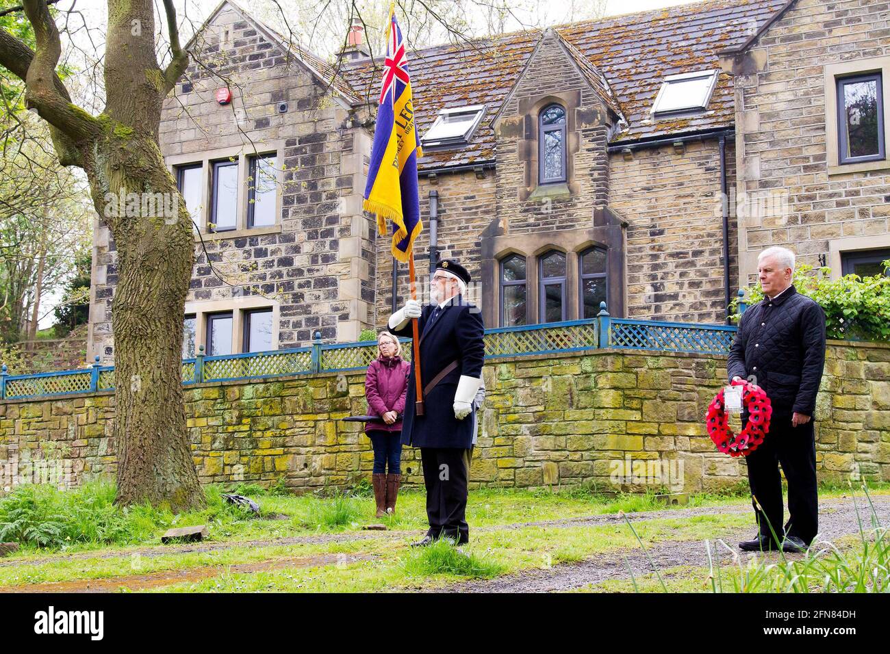 Honley, Holmfirth, UK 15 May 2021. At 11.00 am the committee and members of the Royal British Legion Honley laid a wreath at the Honley War Memorial in Remembrance of the Royal British Legion Centenary. RASQ Photography/Alamy Live News Stock Photo