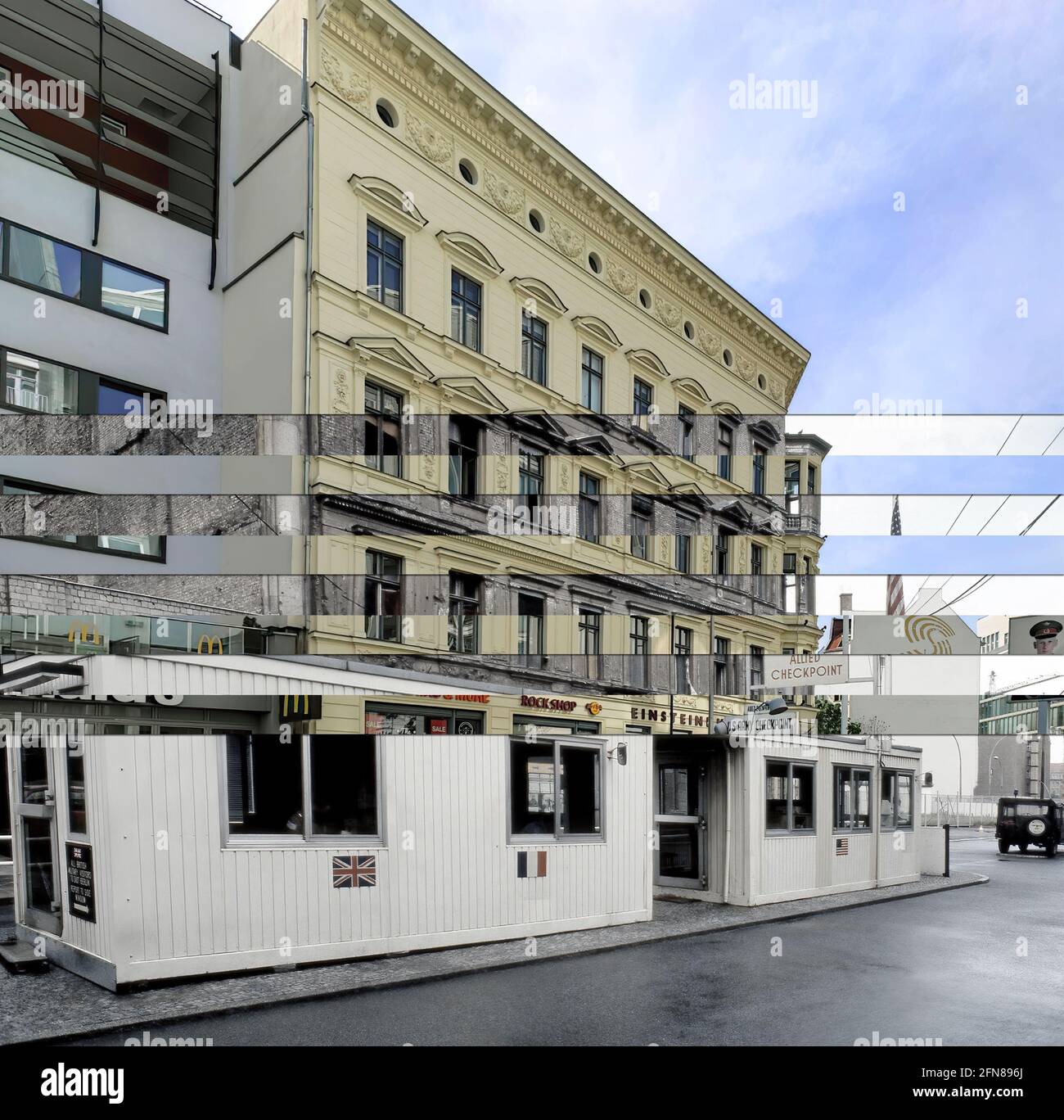 Checkpoint Charlie, Berlin, composite photo, showing 1984 and 2021 on one photo. Past (1984) and present (2021) Stock Photo