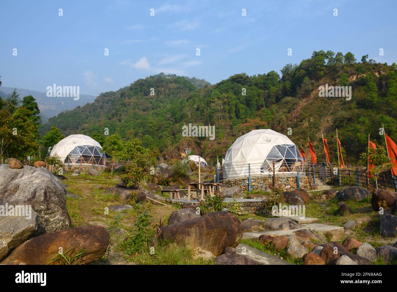 A Igloo Tent house in the backdrop of forest in the himalayan foot hill of Todey, Kalimpong. Stock Photo