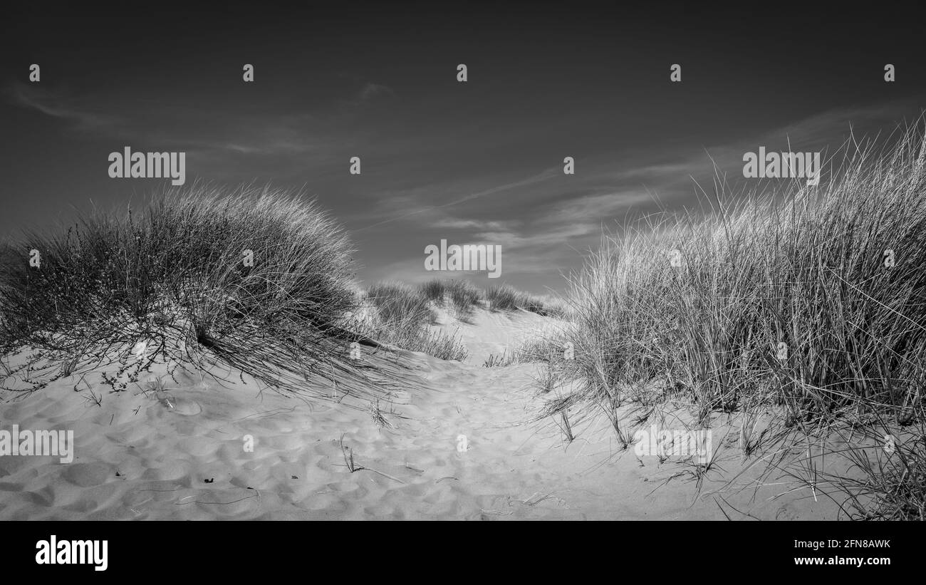 A black and white scenic view of Ainsdale Sands, Southport, Merseyside, Greater Manchester. Stock Photo
