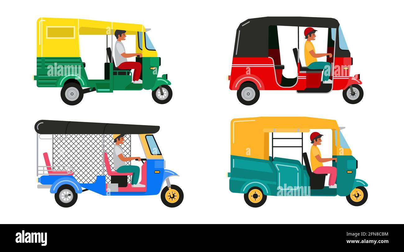 Set Indian motor rickshaw car. Asian tuk tuk. Vector illustration Stock Vector