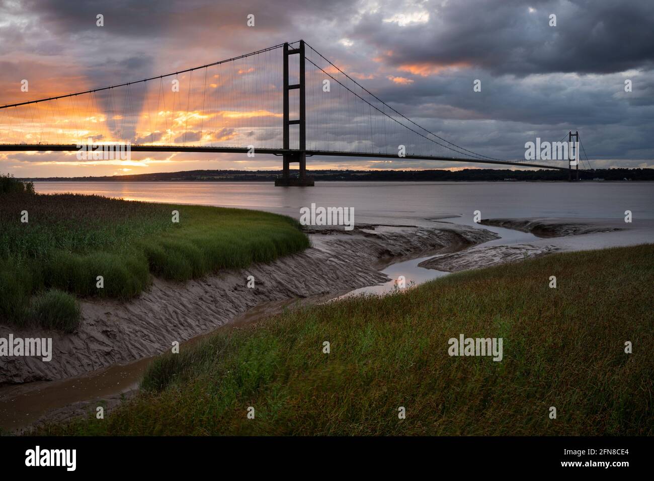 The Humber Bridge near Kingston Upon Hull, East Riding of Yorkshire, England, a single-span road suspension bridge Stock Photo