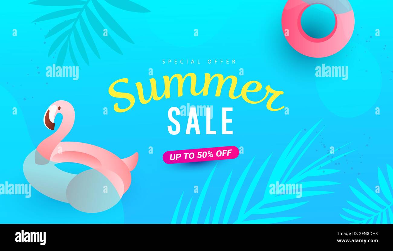 Summer sale banner layout template design with flamingo and leaves