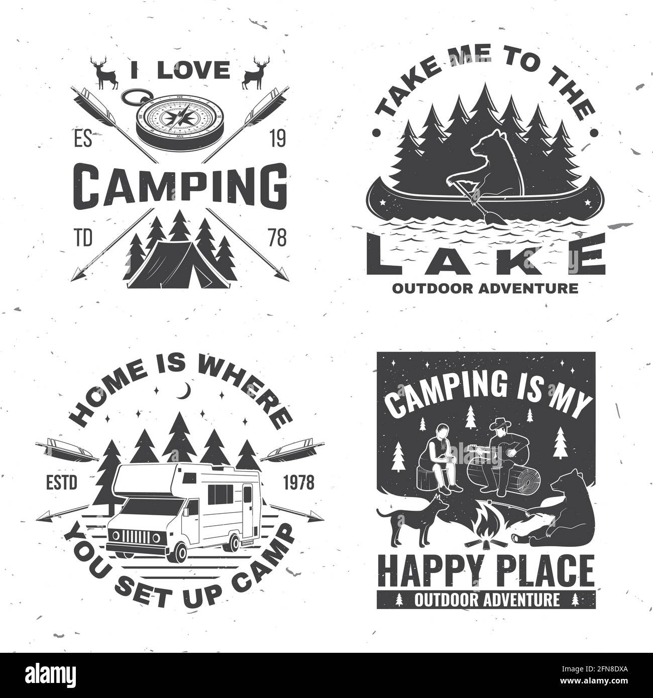 Set of camping badges. Vector. Concept for shirt or logo, print, stamp or tee. Vintage typography design with campfire, bear, dog, girl, man with Stock Vector