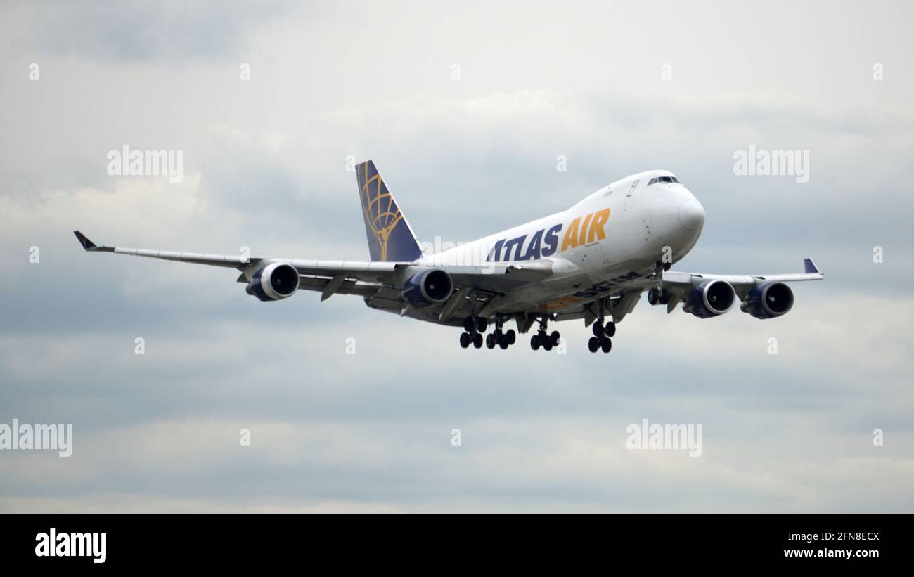 Atlas Air Cargo Boeing 747-400F lands at Chicago O'Hare International Airport on an overcast afternoon. Stock Photo