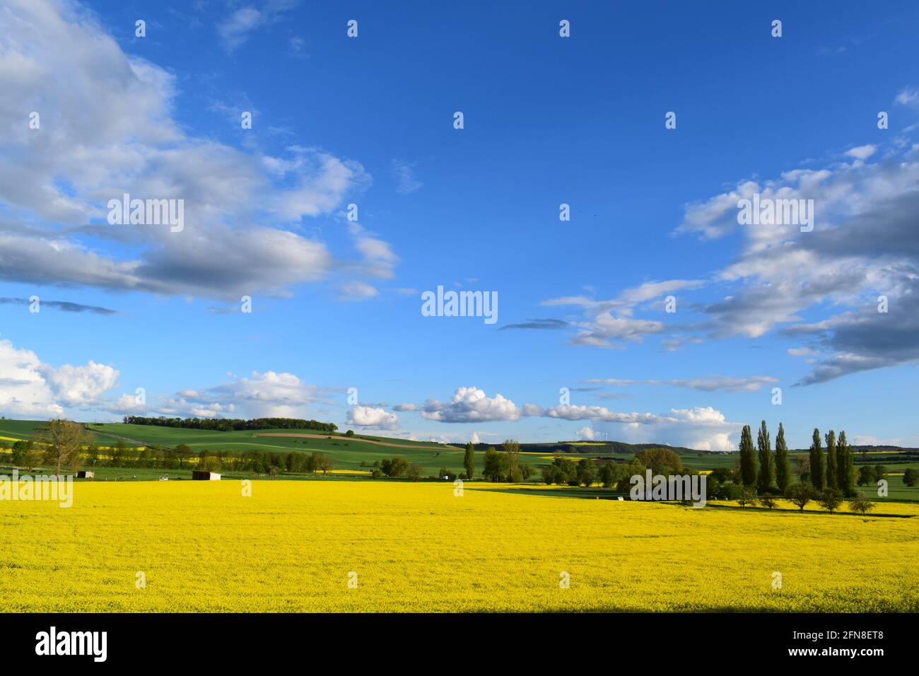 fast moving clouds over yellow fields Stock Photo