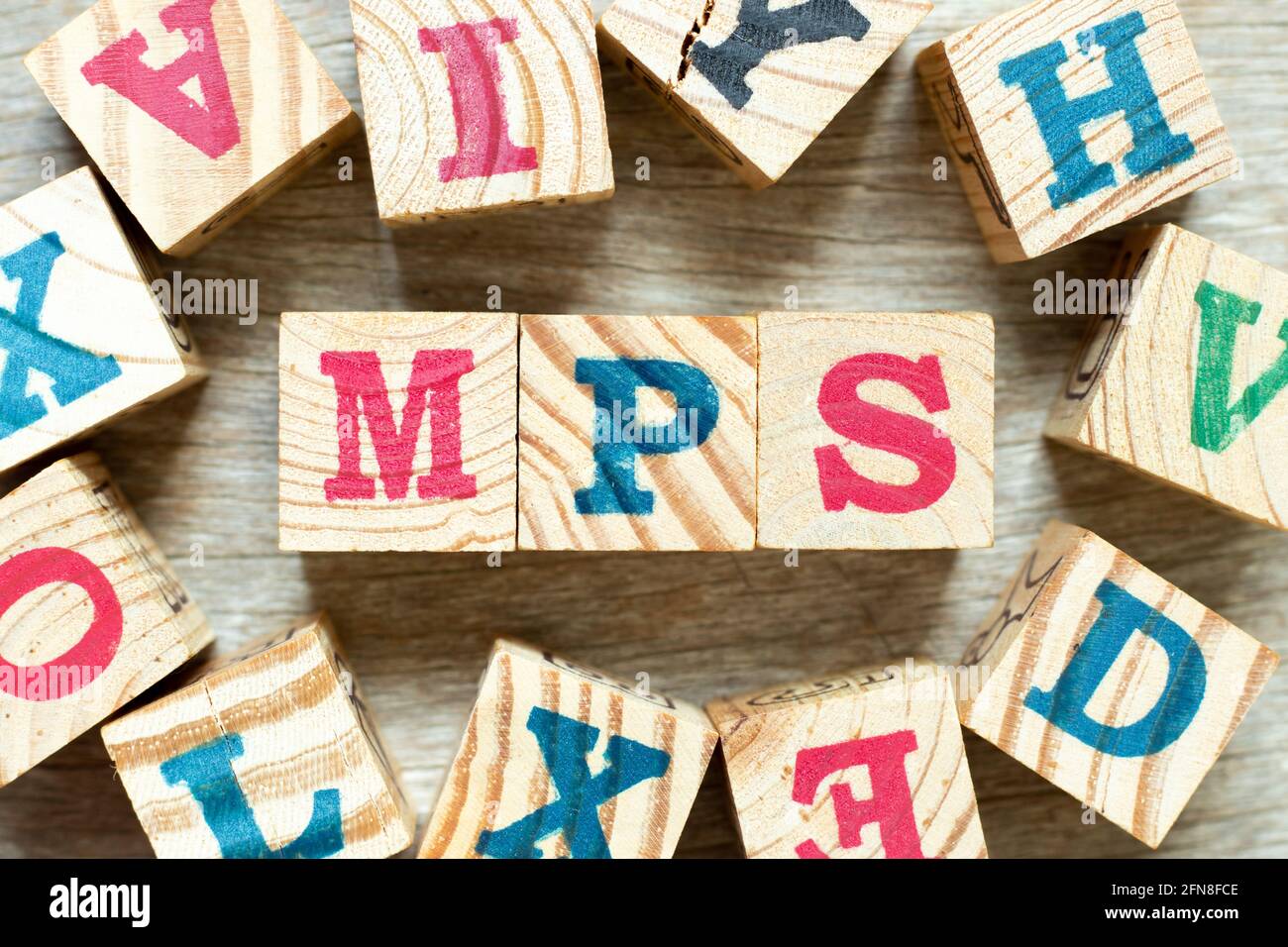 Alphabet letter block in word MPS (Abbreviation of Master Production Schedule or Mucopolysaccharidosis) with another on wood background Stock Photo