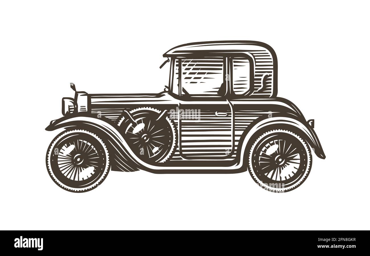 Retro car drawing in sketch style, side view. Vintage transport vector illustration Stock Vector