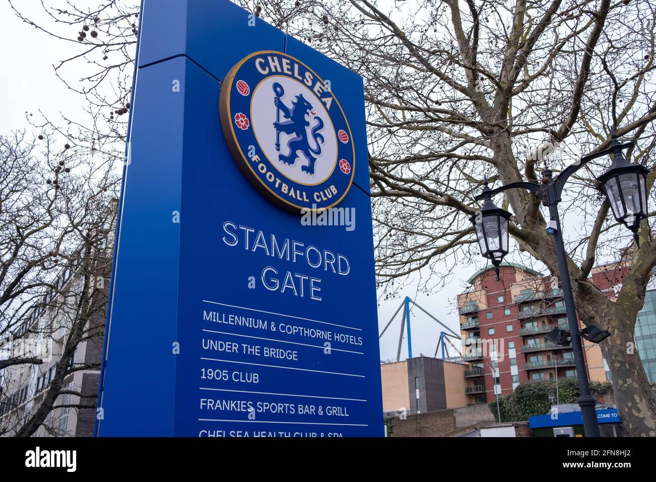 London: March 2021: Stamford Bridge, the home ground of Chelsea Football Club on Fulham Road in south west London Stock Photo