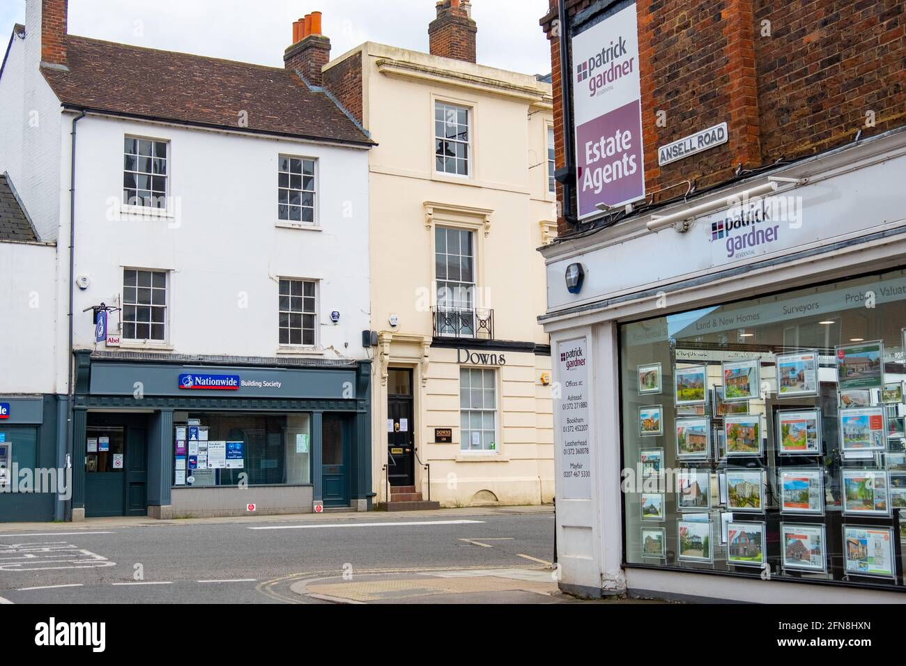 Surrey, UK- An estate agent and Nationwide Building society on Dorking High Street Stock Photo