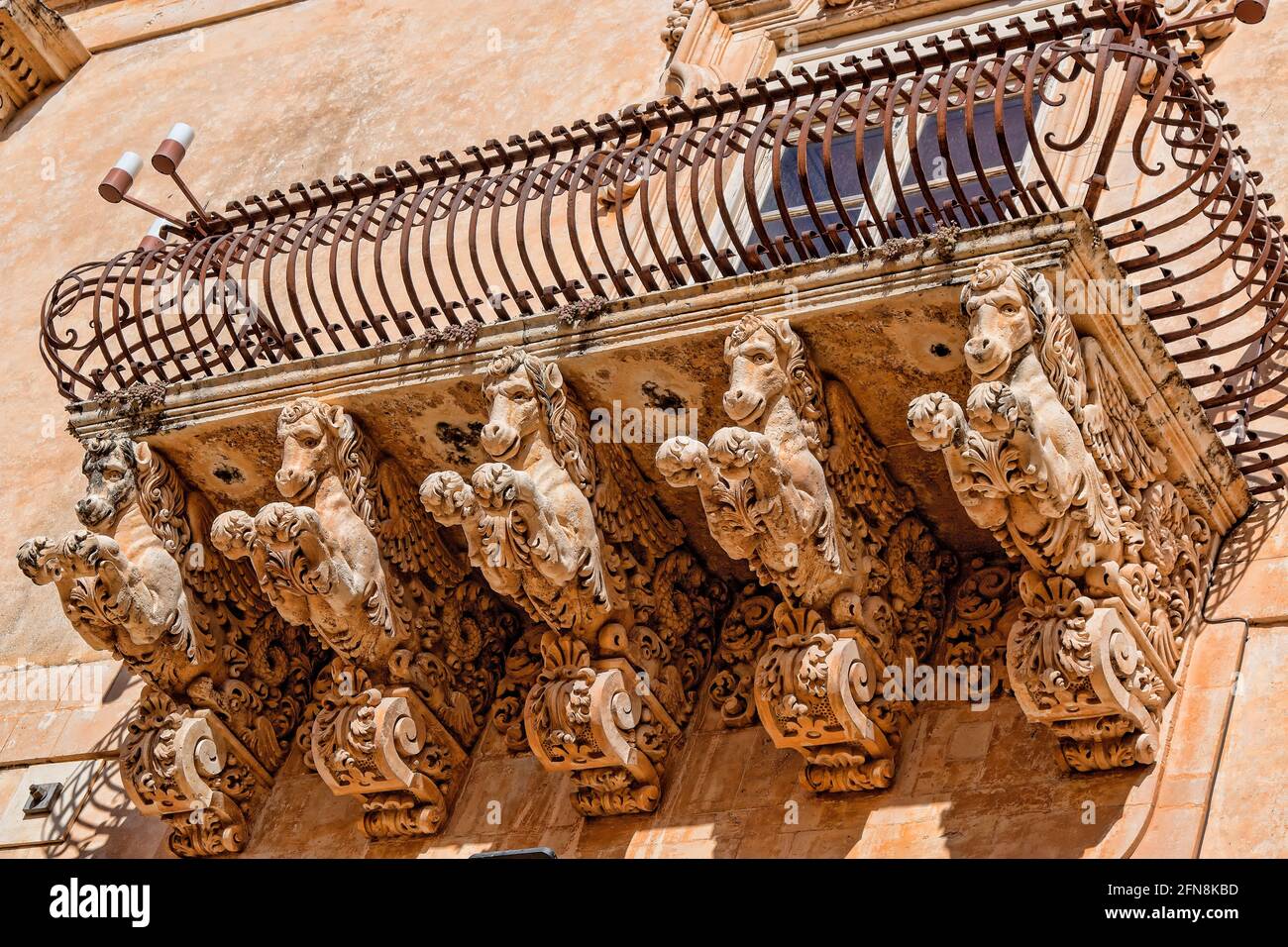 Sculptural decoration of the Balcony of Palazzo Nicolaci Villadolorata., Noto Stock Photo