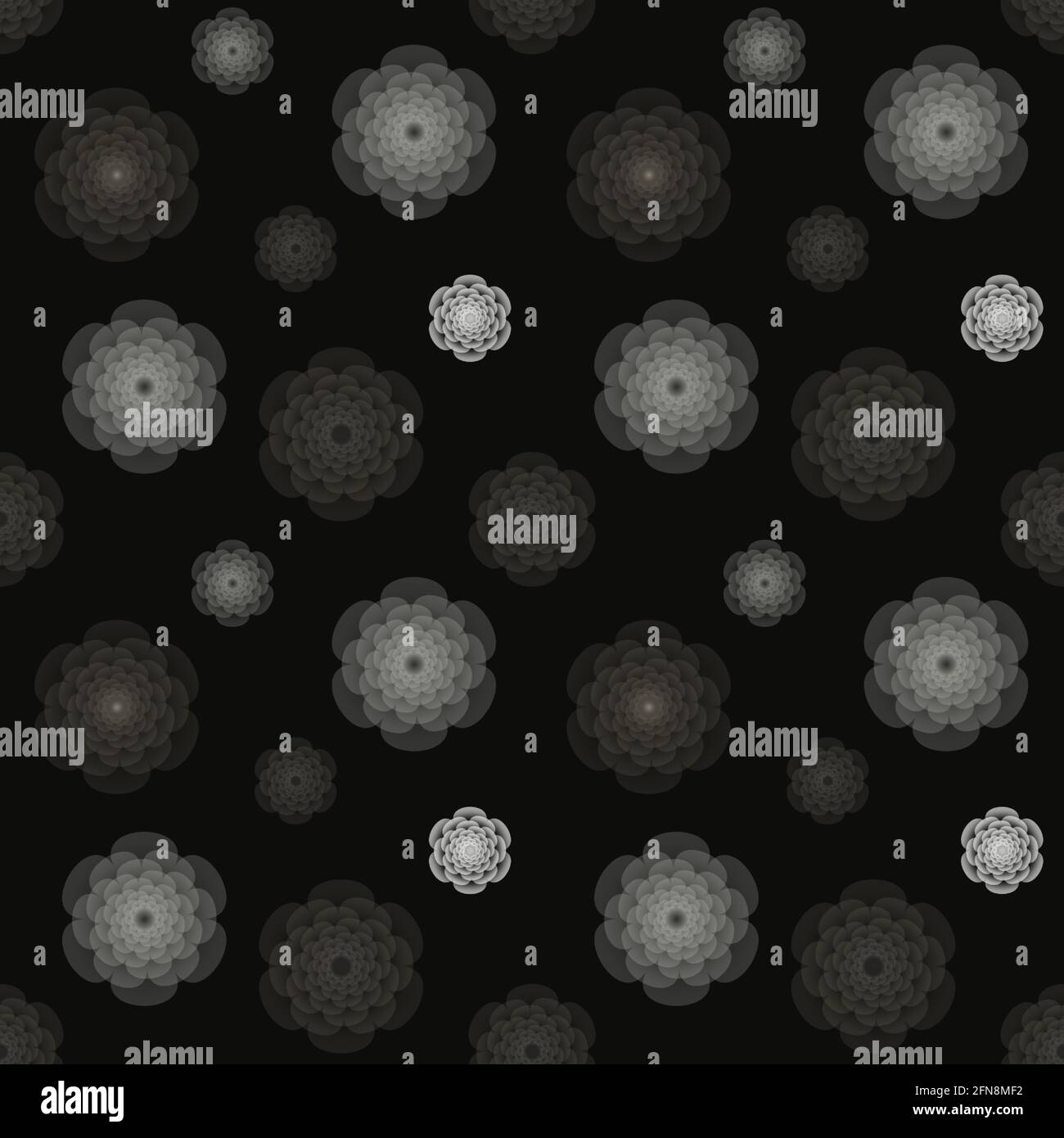 Seamless repeating pattern. Peony flowers in shades of gray on black background. Elegant and gothic. Stock Vector
