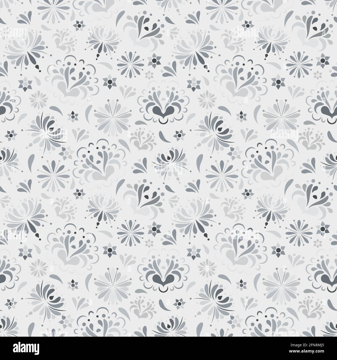 Seamless repeating pattern. Floral snowflowers in water colorlike shades of gray/light blue. Stock Vector