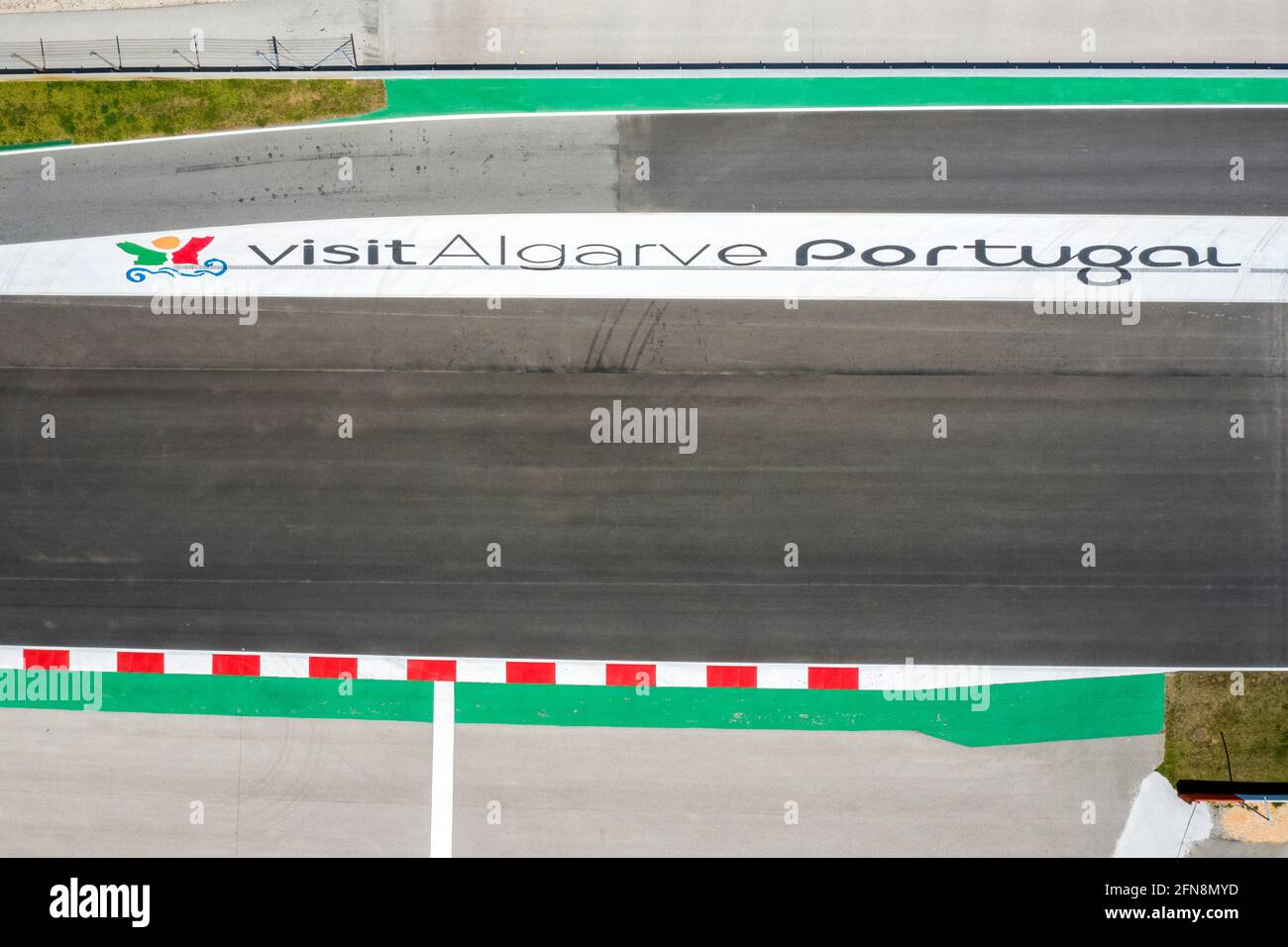 Portimao, Algarve, Portugal - May 2021 - Aerial drone top view over finish race line at Algarve International Circuit in Lagos Portimao. Stock Photo