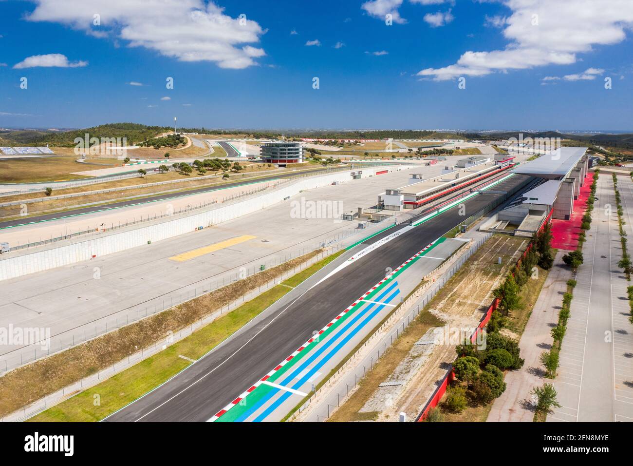 Portimao, Algarve, Portugal - May 2021 - Aerial drone view over racing track Algarve International Circuit in Lagos Portimao. Finish race line and Sta Stock Photo