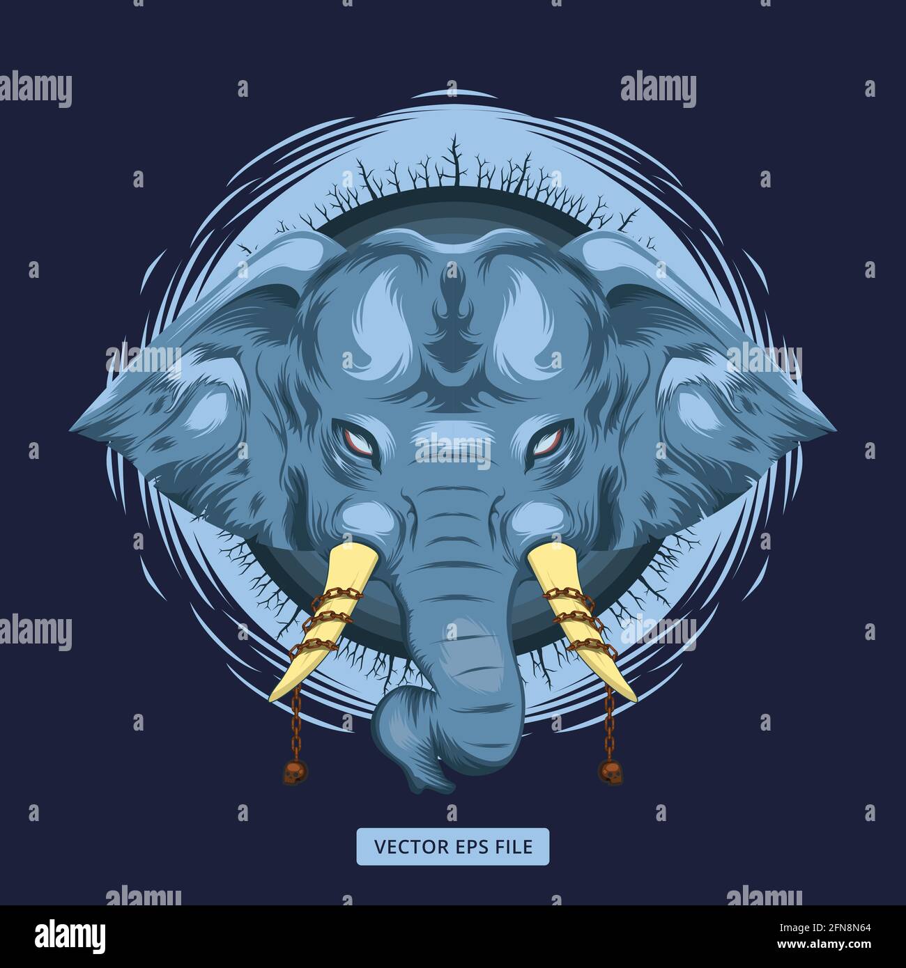 Mythical blue elephant illustration with chained skull ivory and dead forest around the head on dark background vector Stock Vector