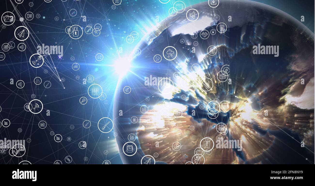 Composition of network of connections with icons over globe Stock Photo