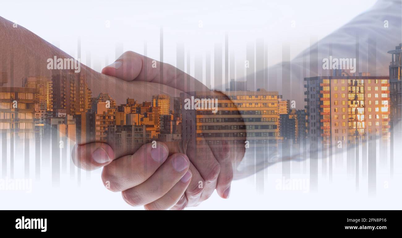 Animation of businessmen shaking hands over cityscape Stock Photo