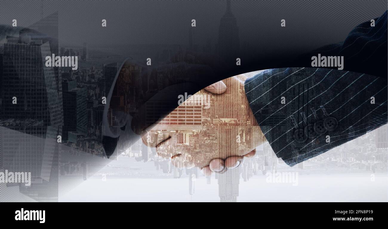 Composition of businessmen shaking hands over cityscape Stock Photo