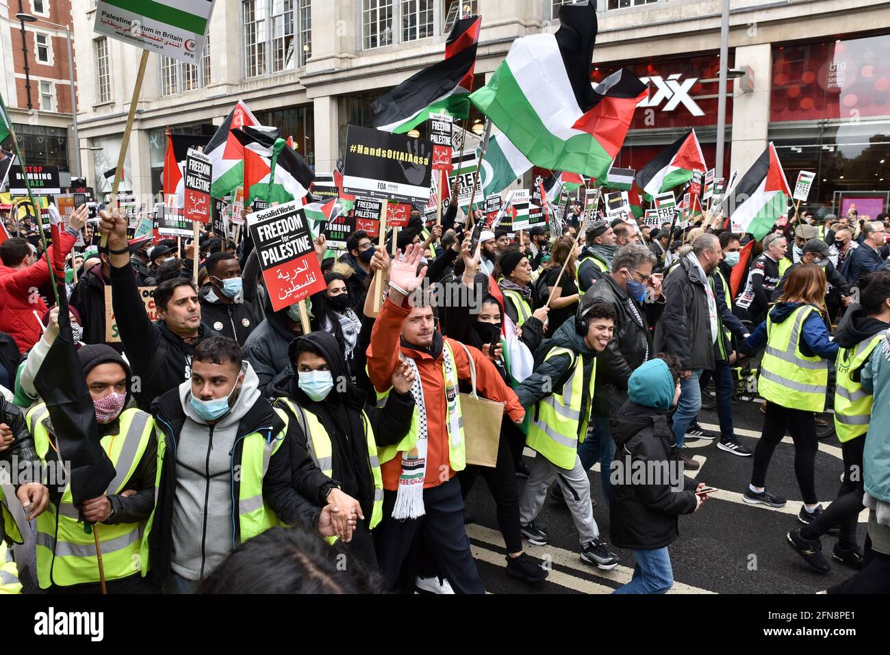 March for Palestine outside the Israel Embassy in London Stock Photo