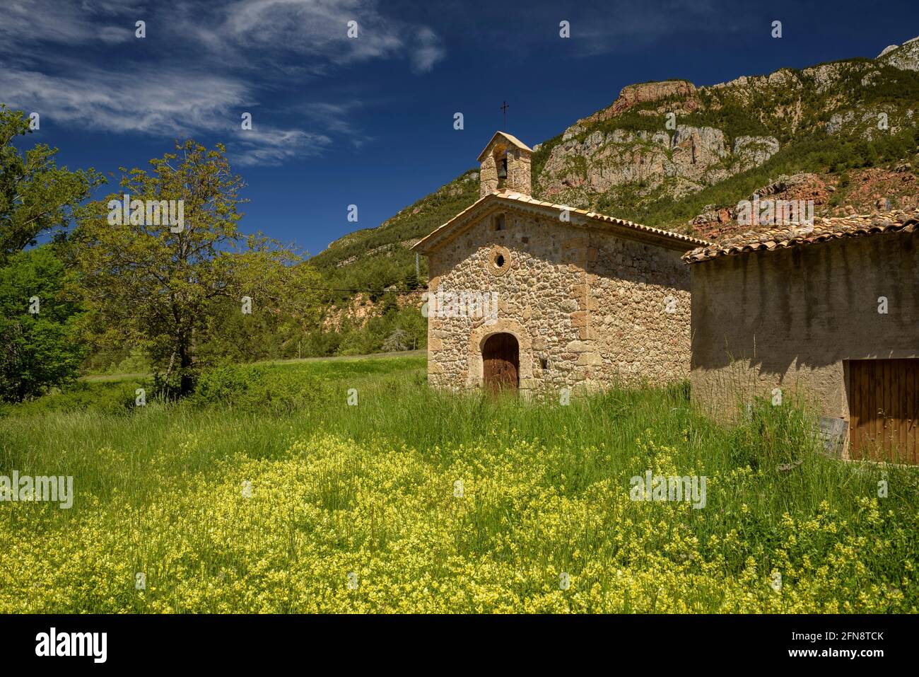 Hermitage of Sant Antoni de Feners, in the base of the Pedraforca south face (Berguedà, Catalonia, Spain) ESP: Ermita de Sant Antoni de Feners Stock Photo