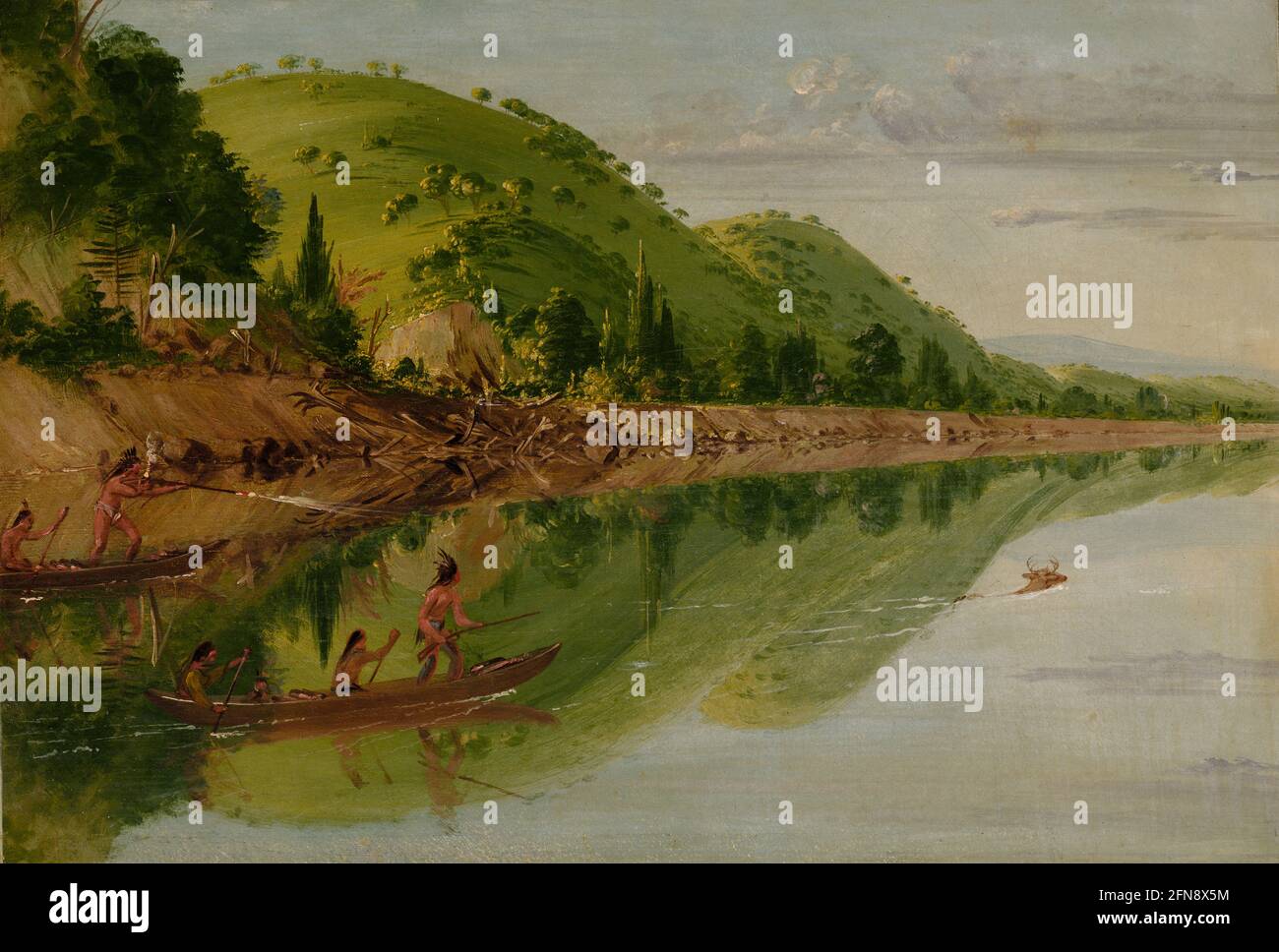 View on the St. Peter's River, Sioux Indians Pursuing a Stag in their Canoes, 1836-1837. Stock Photo