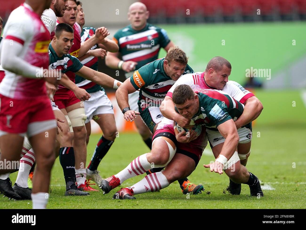 Leicester Tigers' Jasper Wiese (right) is tackled by Harlequins' Wilco Louw during the Gallagher Premiership match at Mattioli Woods Welford Road, Leicester. Picture date: Saturday May 15, 2021. Stock Photo