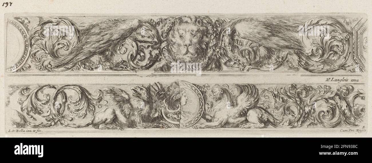 Two Ornamental Bands with Head of a Lion and Woman, probably 1648 Stock