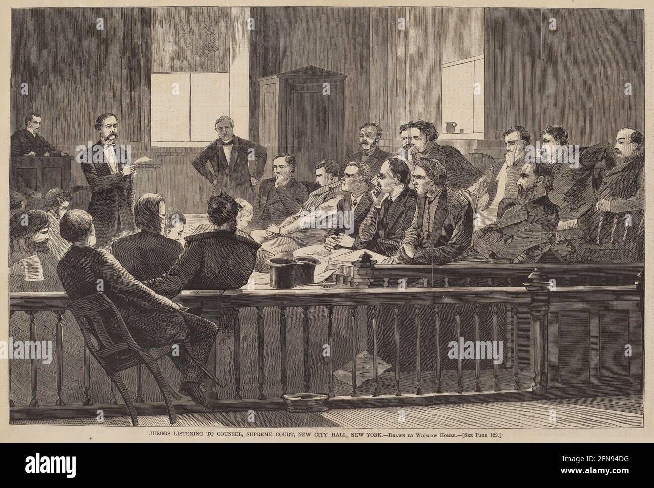 Jurors Listening to Counsel, Supreme Court, New City Hall, New York, published 1869. Stock Photo