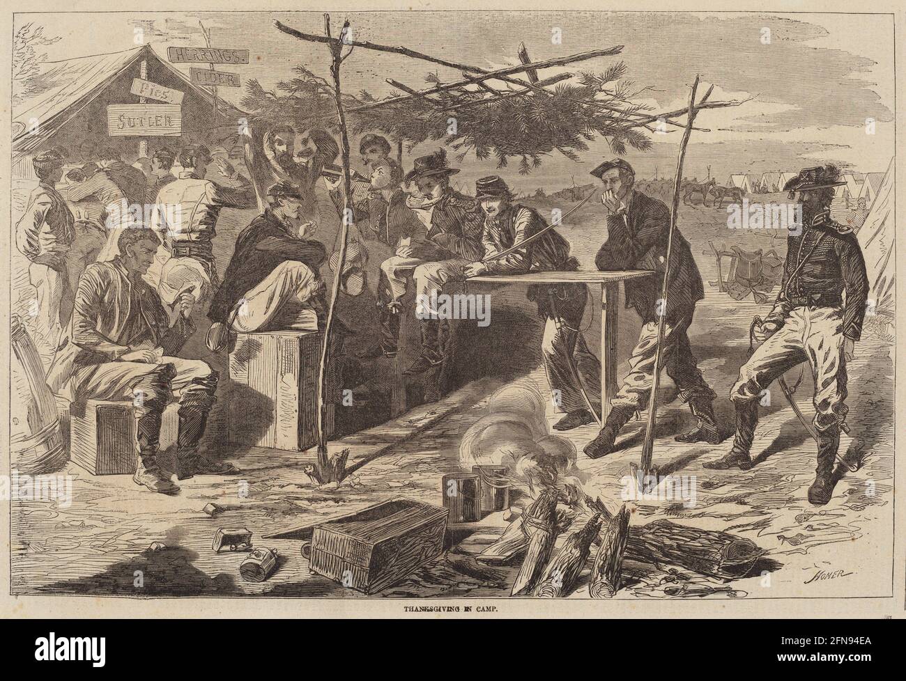Thanksgiving in Camp, published 1862. Stock Photo