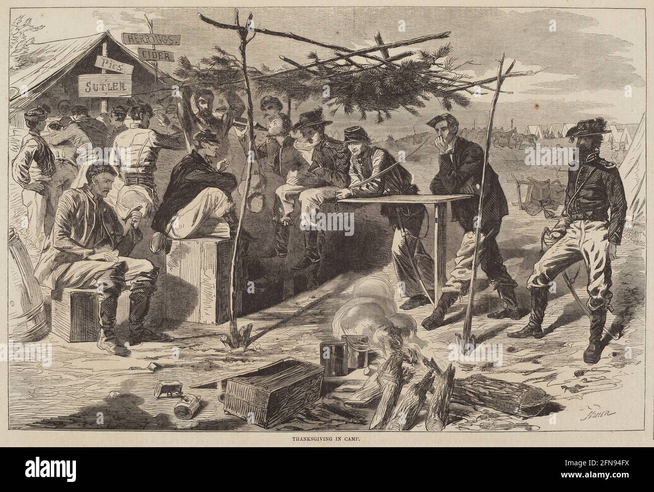 Thanksgiving in Camp, published 1862. Stock Photo