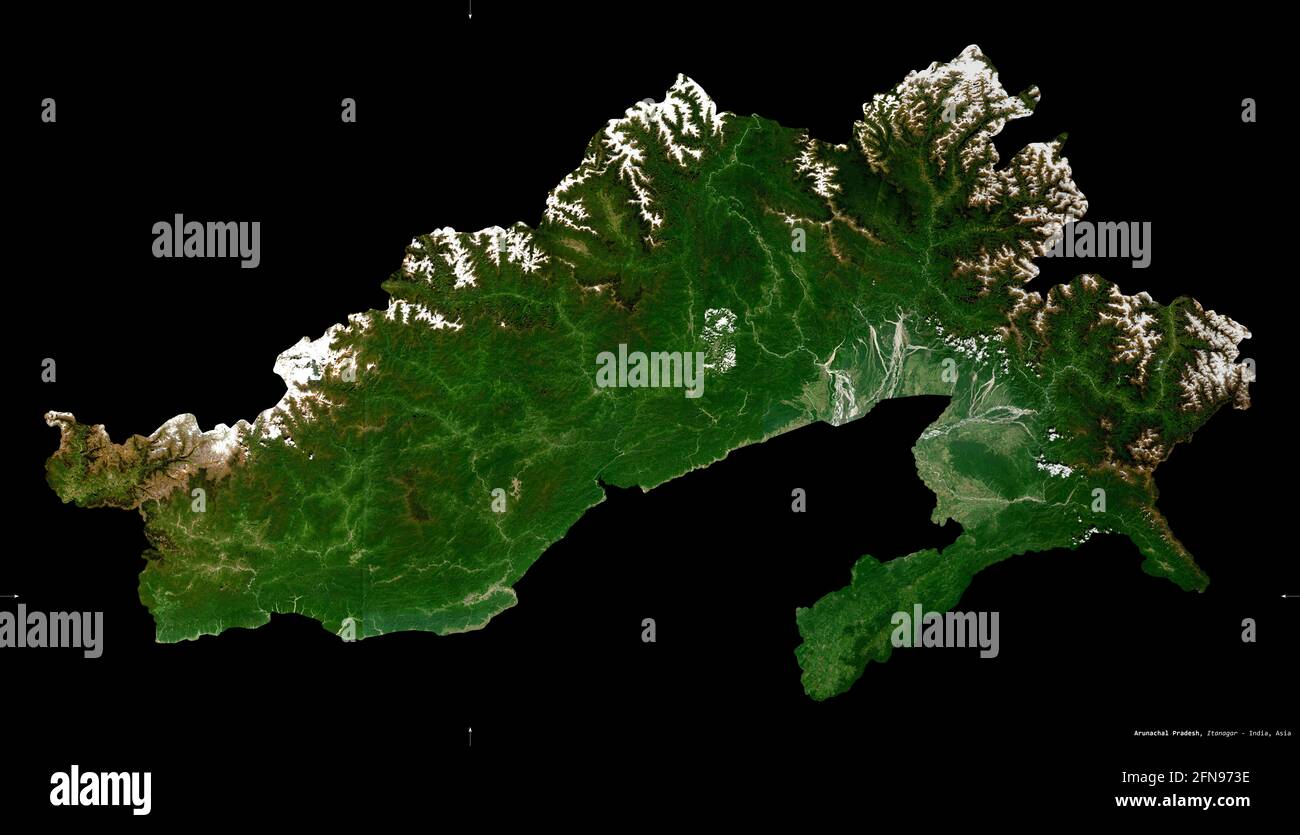Arunachal Pradesh, state of India. Sentinel-2 satellite imagery. Shape isolated on black. Description, location of the capital. Contains modified Cope Stock Photo
