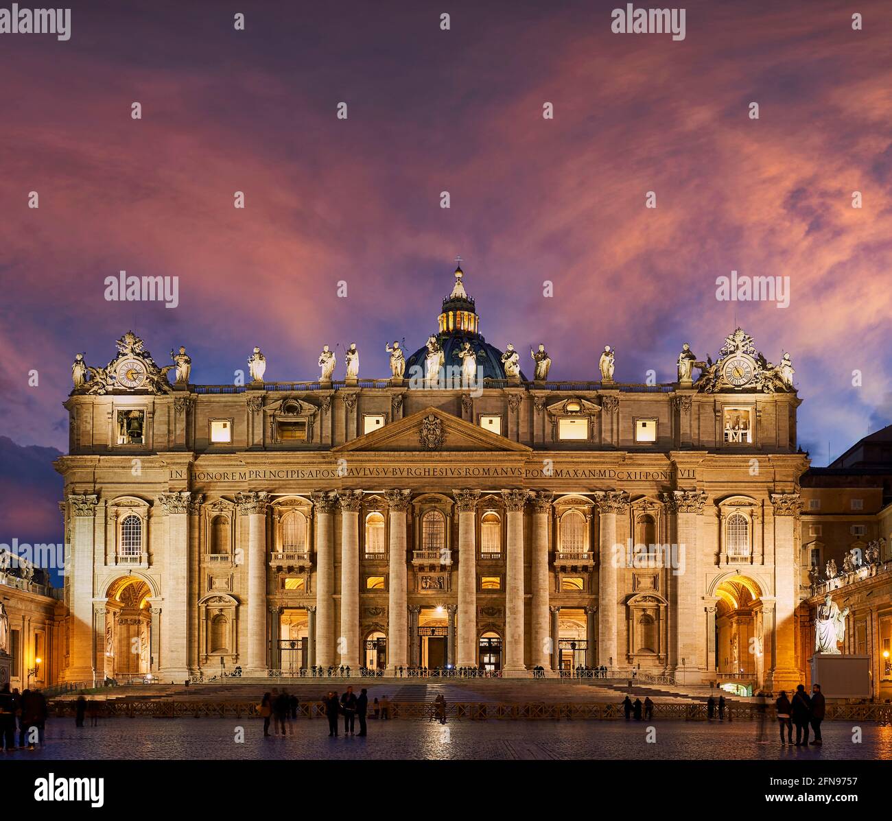 The Papal Basilica of Saint Peter in the Vatican or Saint Peter's Basilica at sunset. Rome Italy Stock Photo