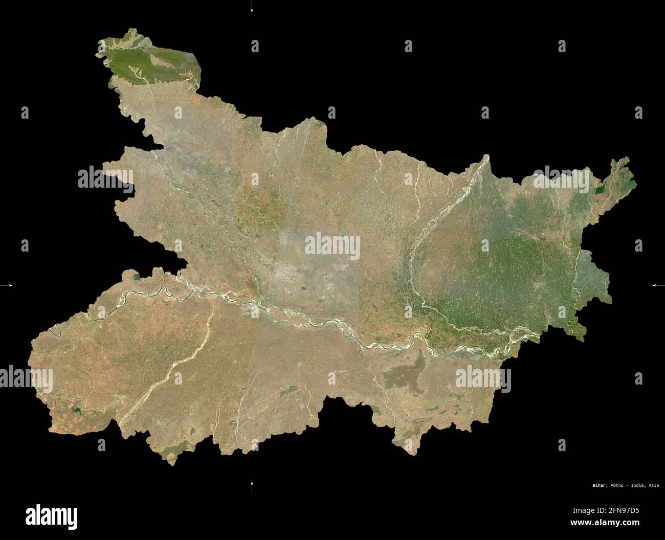 Bihar, state of India. Sentinel-2 satellite imagery. Shape isolated on black. Description, location of the capital. Contains modified Copernicus Senti Stock Photo