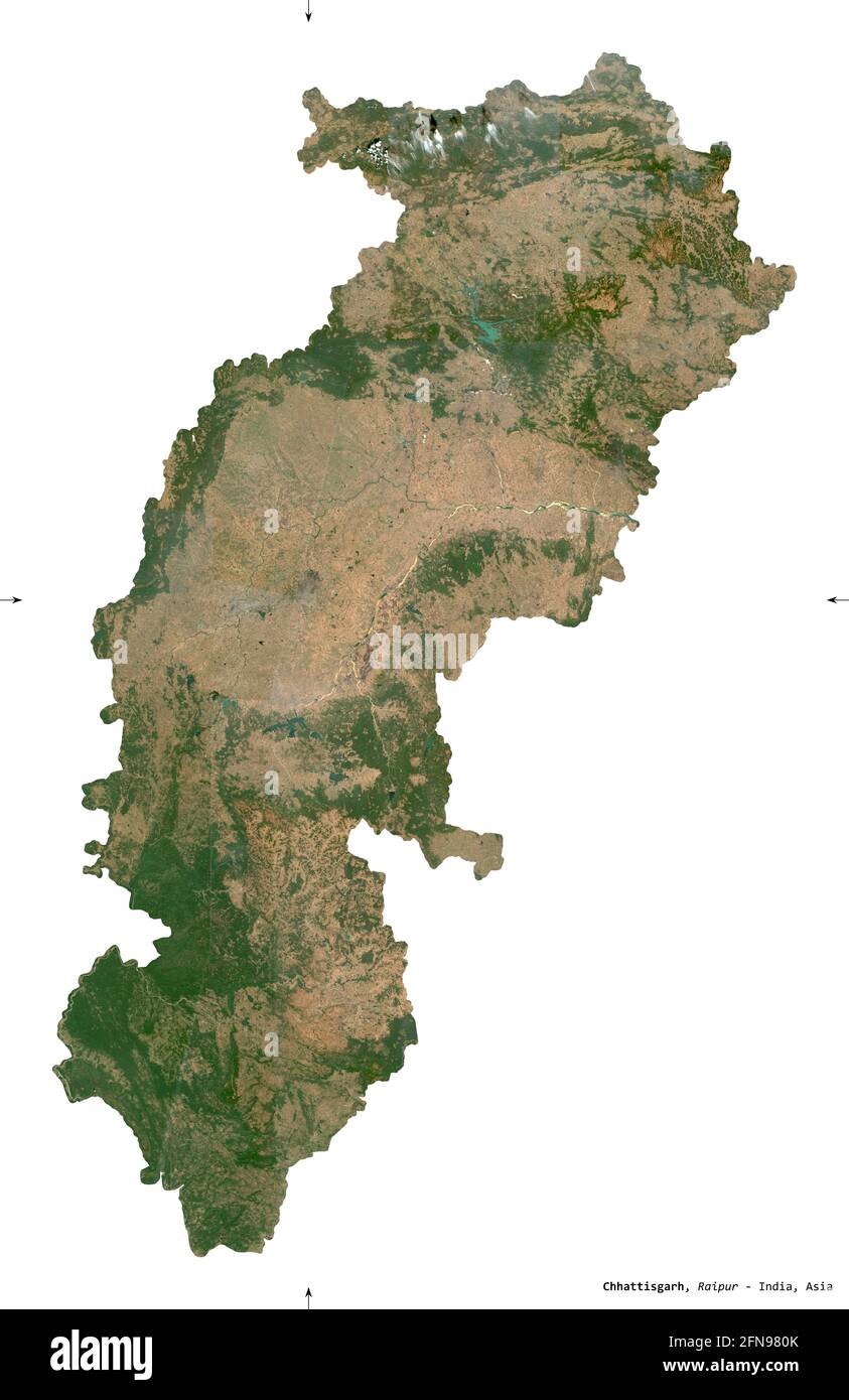 Chhattisgarh, state of India. Sentinel-2 satellite imagery. Shape isolated on white. Description, location of the capital. Contains modified Copernicu Stock Photo