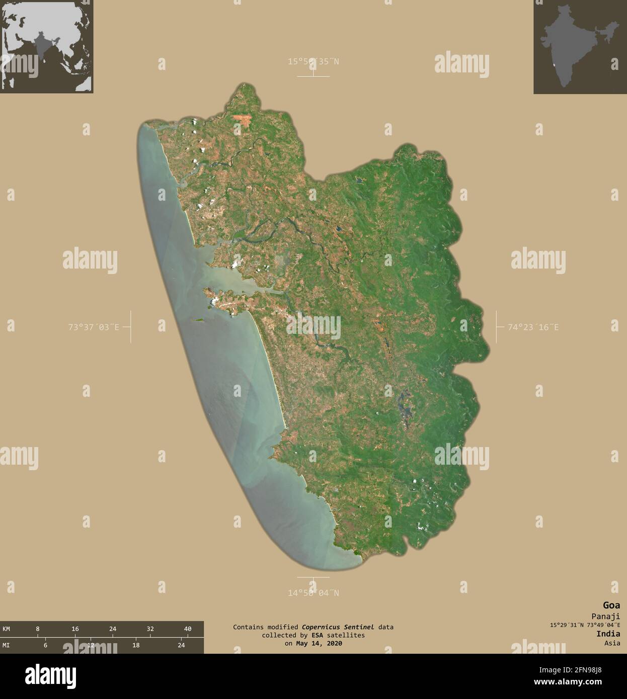 Satellite View Of Goa Goa, State Of India. Sentinel-2 Satellite Imagery. Shape Isolated On Solid  Background With Informative Overlays. Contains Modified Copernicus Sentinel  Stock Photo - Alamy