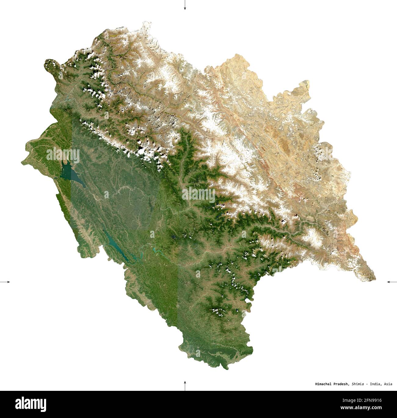 Himachal Pradesh, union territory of India. Sentinel-2 satellite imagery. Shape isolated on white. Description, location of the capital. Contains modi Stock Photo