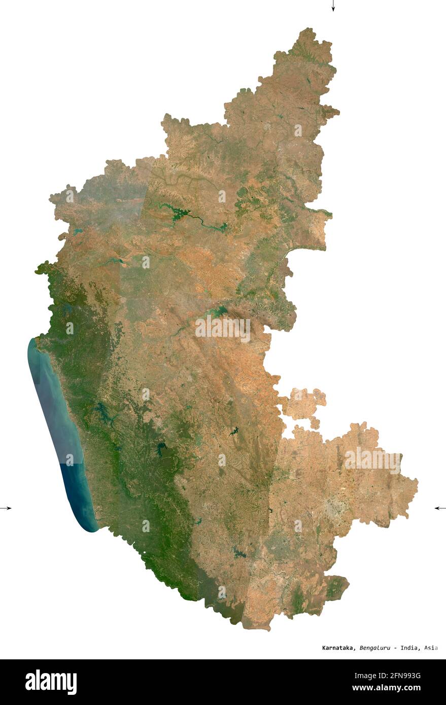 Karnataka, state of India. Sentinel-2 satellite imagery. Shape isolated on white. Description, location of the capital. Contains modified Copernicus S Stock Photo