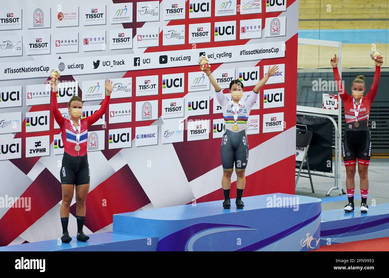 Hong Kong, China. 15th May, 2021. Gold medalist Kajihara Yumi (C) of Japan, silver medalist Anita Yvonne Stenberg (L) of Norway and bronze medalist Verena Eberhardt of Austria pose on the podium for the women's omnium at the 2021 UCI Track Cycling Nations Cup in Hong Kong, south China, May 15, 2021. Credit: Wang Shen/Xinhua/Alamy Live News Stock Photo