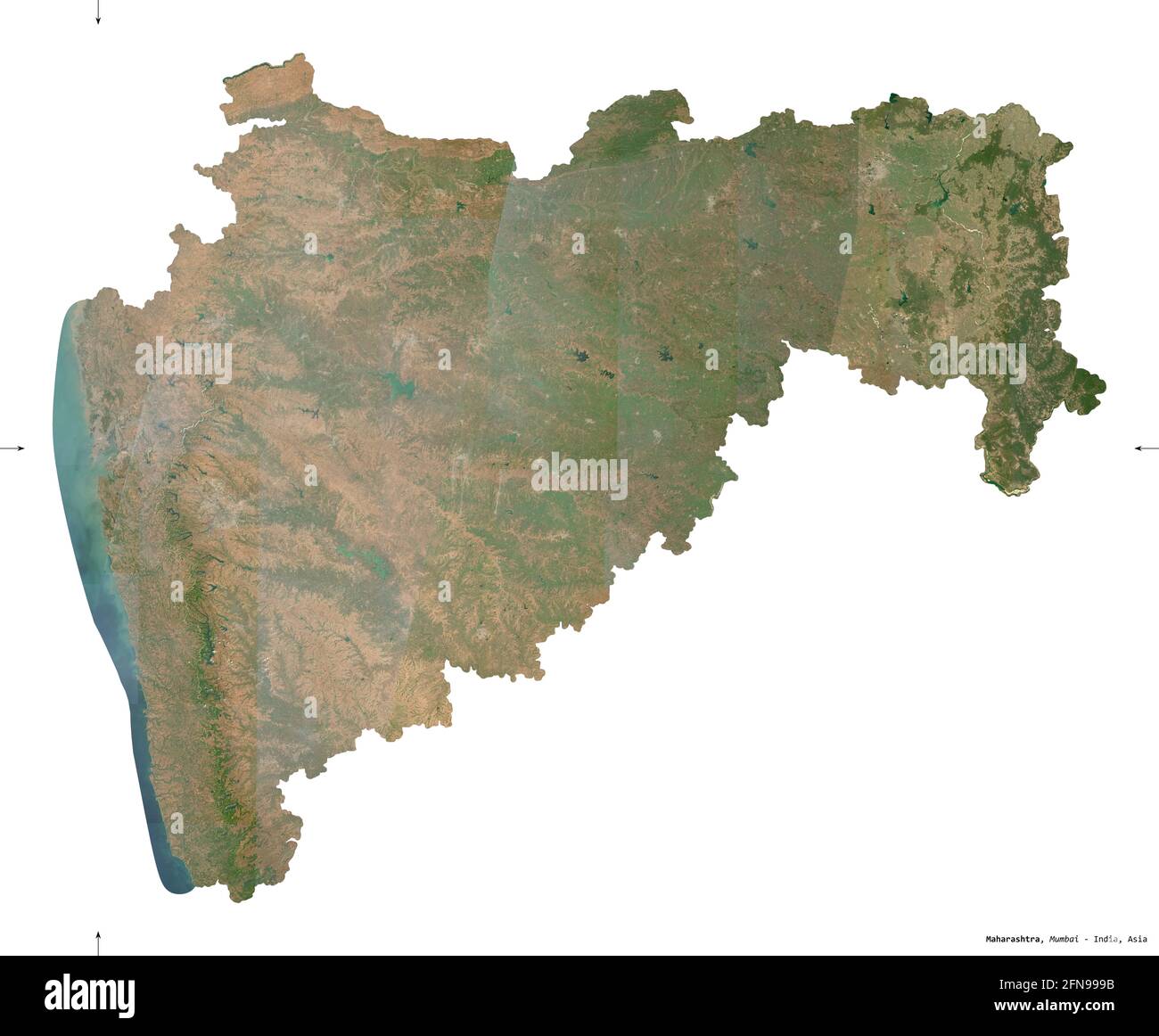 Maharashtra, state of India. Sentinel-2 satellite imagery. Shape isolated on white. Description, location of the capital. Contains modified Copernicus Stock Photo