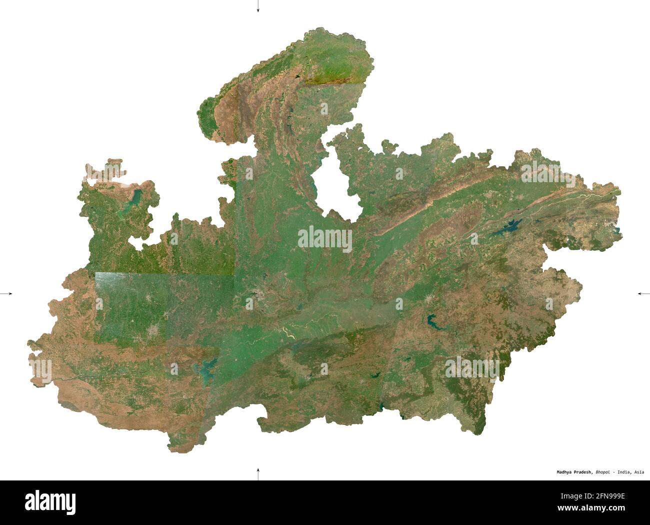 Madhya Pradesh, state of India. Sentinel-2 satellite imagery. Shape isolated on white. Description, location of the capital. Contains modified Coperni Stock Photo