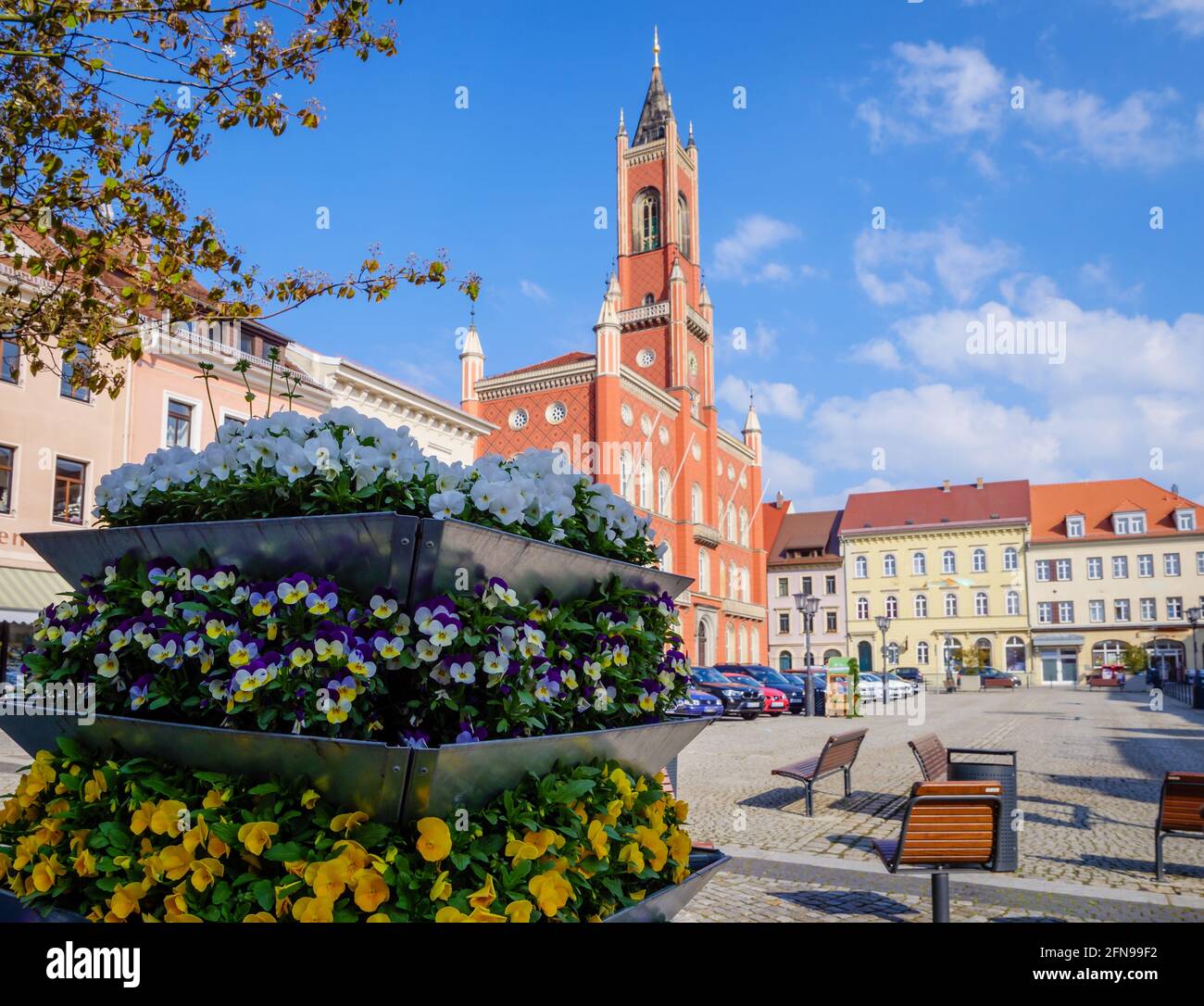 View of the market square and town hall of Kamenz in spring Stock Photo