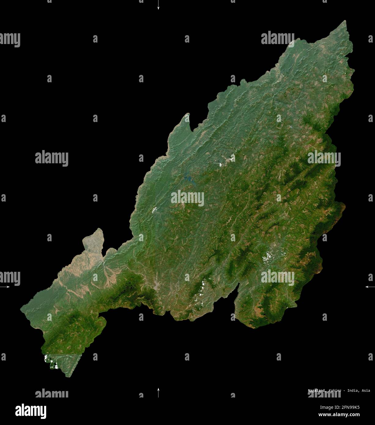 Nagaland, state of India. Sentinel-2 satellite imagery. Shape isolated on black. Description, location of the capital. Contains modified Copernicus Se Stock Photo