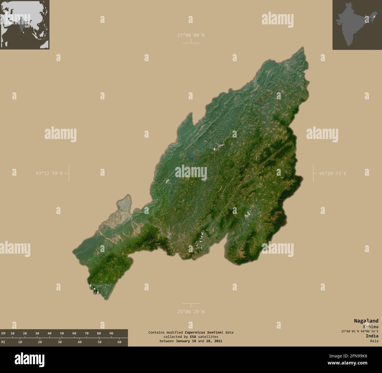 Nagaland, state of India. Sentinel-2 satellite imagery. Shape isolated on solid background with informative overlays. Contains modified Copernicus Sen Stock Photo